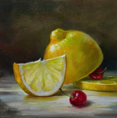 Painting titled "Lemon and Cherries" by Vladislav Shurganov, Original Artwork, Oil Mounted on Other rigid panel
