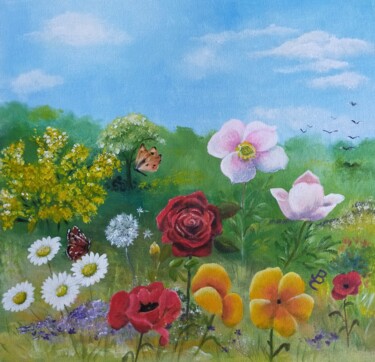 Peinture intitulée "Champ de fleurs" par Jacqueline Clermont (Jbc35), Œuvre d'art originale, Acrylique Monté sur Carton