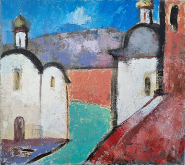 Painting titled "Novgorod churches" by Anatolij Goncarenko, Original Artwork, Oil Mounted on Wood Stretcher frame