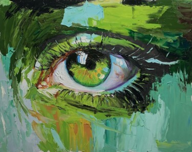 Painting titled "The Emerald gaze." by Vita Schagen, Original Artwork, Oil Mounted on Wood Stretcher frame