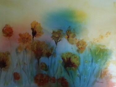 Painting titled "La danse des fleurs" by Annie Bonvarlet, Original Artwork, Watercolor Mounted on Other rigid panel