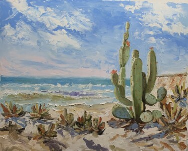 Painting titled "Cactus Coast." by Vita Schagen, Original Artwork, Oil Mounted on Wood Stretcher frame