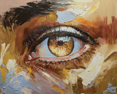 Painting titled "The Golden Gaze." by Vita Schagen, Original Artwork, Oil Mounted on Wood Stretcher frame