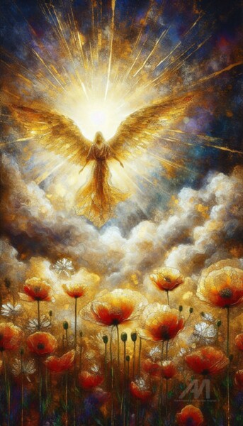 Arts numériques intitulée "Angel in Red Poppy…" par Davina Dugnas, Œuvre d'art originale, Peinture numérique Monté sur Panne…