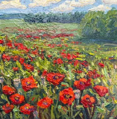 Peinture intitulée "poppy field" par Natala Azarna, Œuvre d'art originale, Huile Monté sur Panneau de bois