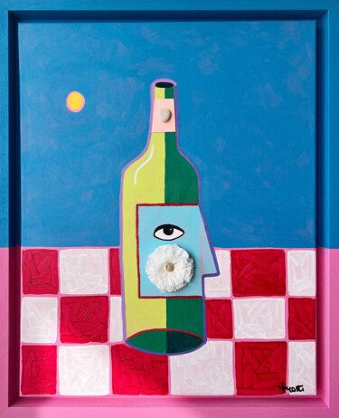 Painting titled "Bouteille sur la ta…" by Aurélie Prestigiacomo, Original Artwork, Acrylic Mounted on Wood Stretcher frame