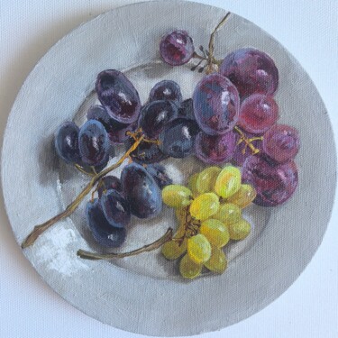 Painting titled "Black Grapes fruit…" by Leyla Demir, Original Artwork, Oil Mounted on Wood Stretcher frame