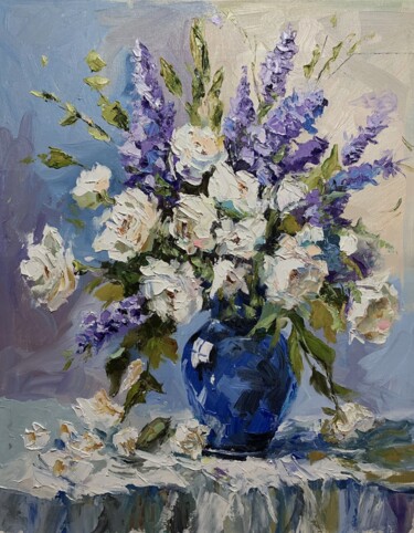 Painting titled "Summer bouquet in c…" by Vita Schagen, Original Artwork, Oil Mounted on Wood Stretcher frame