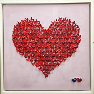 Painting titled "Coeur Papillons" by Shelby, Original Artwork, Acrylic Mounted on Wood Stretcher frame