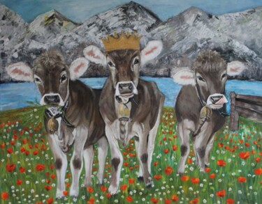 Peinture intitulée "Alpenkühe vor Bergk…" par Veronika Metasch, Œuvre d'art originale, Huile Monté sur Châssis en bois
