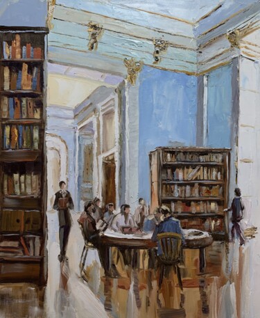 Painting titled "Public library. #8u…" by Vita Schagen, Original Artwork, Oil Mounted on Wood Stretcher frame
