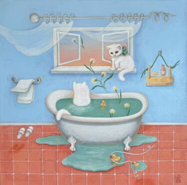Ζωγραφική με τίτλο "White Cats in Vinta…" από Elena Usenko, Αυθεντικά έργα τέχνης, Ακρυλικό Τοποθετήθηκε στο Ξύλινο φορείο σ…