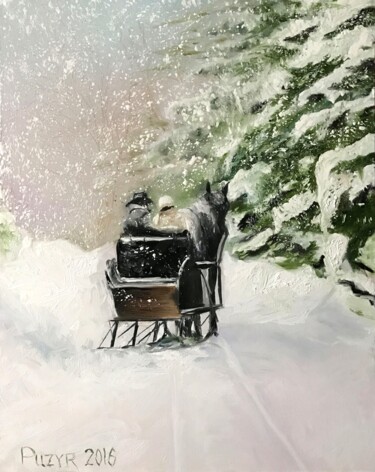 Painting titled "Hiver" by Oleksandr Puzyr, Original Artwork, Oil Mounted on Wood Stretcher frame