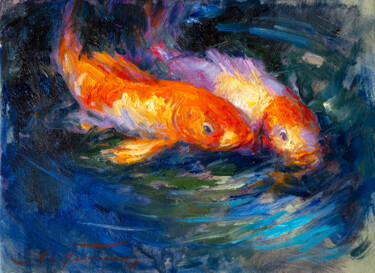 Ζωγραφική με τίτλο "Koi Carps" από Adlexe Алексей Панфилов, Αυθεντικά έργα τέχνης, Λάδι Τοποθετήθηκε στο Ξύλινο φορείο σκελε…