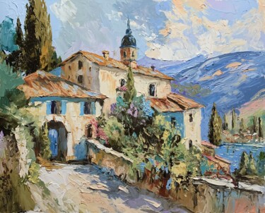 Painting titled "Tuscan villa on the…" by Vita Schagen, Original Artwork, Oil Mounted on Wood Stretcher frame
