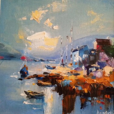 Painting titled "Fishing pier" by Inna Agadullina, Original Artwork, Oil Mounted on Cardboard