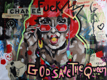 Painting titled "god save the queen" by Rifam, Original Artwork, Acrylic Mounted on Wood Stretcher frame