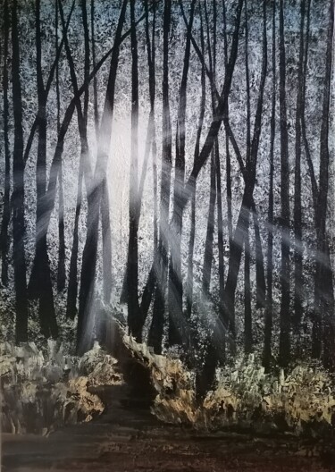 Painting titled "Forêt éclairée" by Myle (Aktaz), Original Artwork, Oil Mounted on Wood Stretcher frame