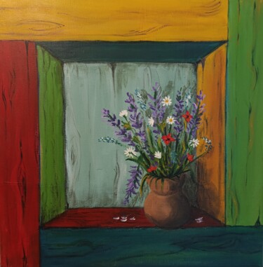 Painting titled "Fleurs sauvages dan…" by Y.Oranzh, Original Artwork, Acrylic Mounted on Wood Stretcher frame