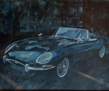 Ζωγραφική με τίτλο "Jaguar E-Type Roads…" από Juan Carlos Ferrigno, Αυθεντικά έργα τέχνης, Λάδι Τοποθετήθηκε στο Ξύλινο φορε…