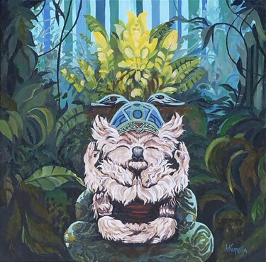 Painting titled "Guardian of the For…" by Irina Kuprijanova, Original Artwork, Oil Mounted on Wood Stretcher frame