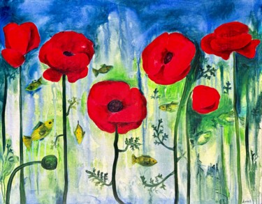 Peinture intitulée "Fish and Poppies" par Anastasiia Lodde, Œuvre d'art originale, Acrylique