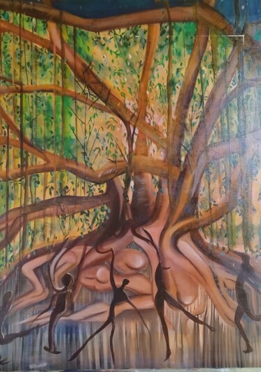 Ζωγραφική με τίτλο "Arbre de vie" από Nicole Riancho, Αυθεντικά έργα τέχνης, Λάδι Τοποθετήθηκε στο Ξύλινο φορείο σκελετό