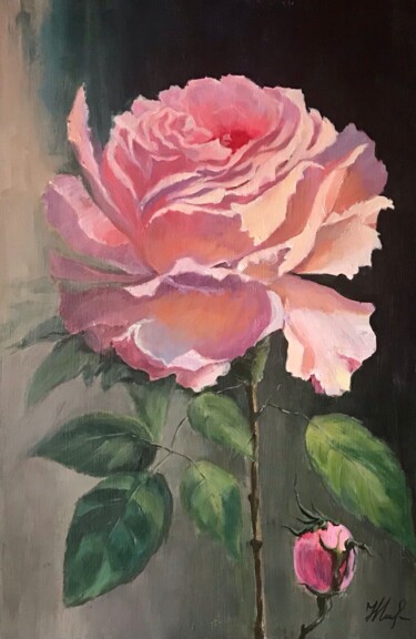 Painting titled "Whisper of a Rose" by Natalia Glazunova, Original Artwork, Acrylic Mounted on Wood Stretcher frame