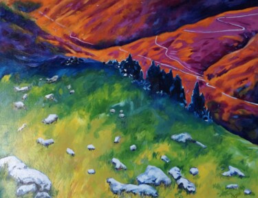 Ζωγραφική με τίτλο "Pics noirs sur land…" από Damien Gelly, Αυθεντικά έργα τέχνης, Λάδι Τοποθετήθηκε στο Ξύλινο πάνελ