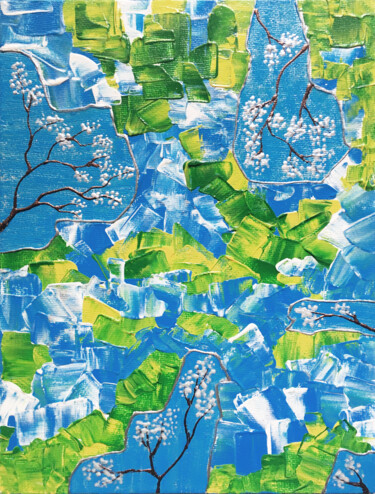 Painting titled "BLOOMING CHERRIES" by Voskresenskaya, Original Artwork, Acrylic Mounted on Cardboard