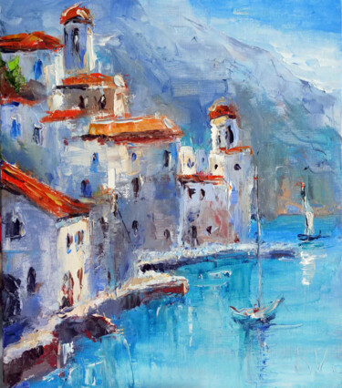 Painting titled "Santorini Greece 10…" by Dr. Barmely, Original Artwork, Oil Mounted on Cardboard