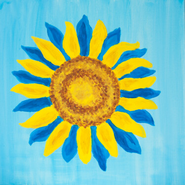 Painting titled "Sunflower with blue…" by Irina Afonskaya, Original Artwork, Acrylic Mounted on Wood Stretcher frame