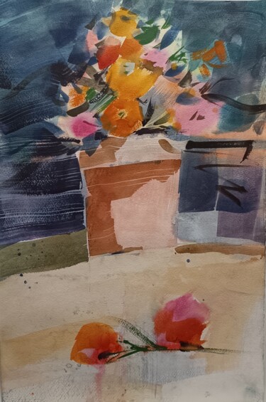 Pittura intitolato "Maceta con flores." da Agus Vaquero, Opera d'arte originale, Acquarello