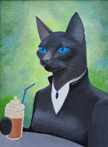 Pintura titulada "A black cat on a gr…" por Diana Nove Lumen, Obra de arte original, Acrílico Montado en Cartulina