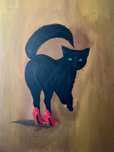 Painting titled "cat in high heels" by Rabia Köme, Original Artwork, Acrylic Mounted on Wood Stretcher frame