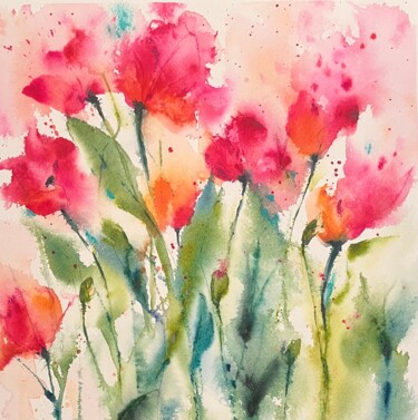 Peinture intitulée "Dancing Poppies" par Cristina Caba, Œuvre d'art originale, Aquarelle