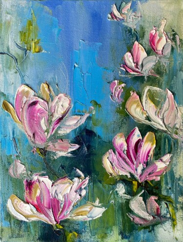 Painting titled "Pink Magnolia Bloss…" by Mily Art, Original Artwork, Oil Mounted on Wood Stretcher frame