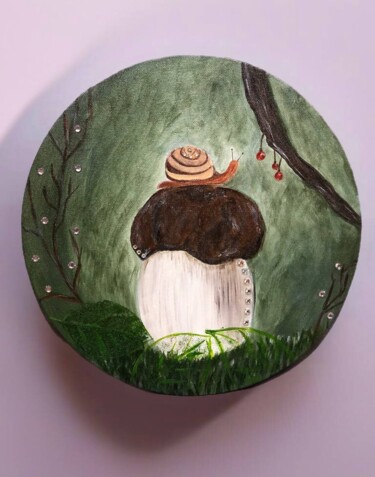 Painting titled "snail on a mushroom" by Aleksandra Zakamskaa, Original Artwork, Acrylic Mounted on Wood Stretcher frame