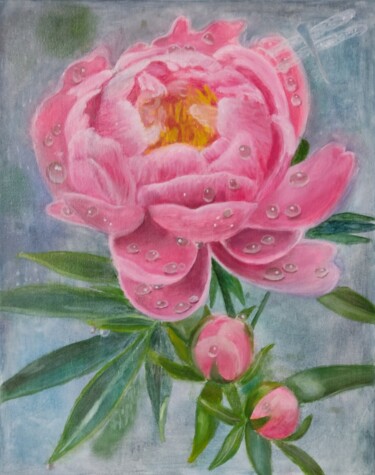 Painting titled "peony in pearl drops" by Salome Goglidze, Original Artwork, Oil