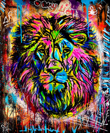 Pintura intitulada "Urban Pop Pink Lion…" por Pvettese, Obras de arte originais, Tinta spray Montado em Armação em madeira