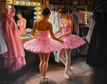 Pintura intitulada "Ballerinas at the d…" por Serghei Ghetiu, Obras de arte originais, Óleo Montado em Armação em madeira