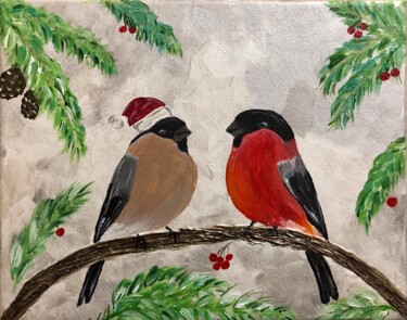 Painting titled "Любовь и снегири" by Aleksandra Zakamskaa, Original Artwork, Acrylic Mounted on Wood Stretcher frame