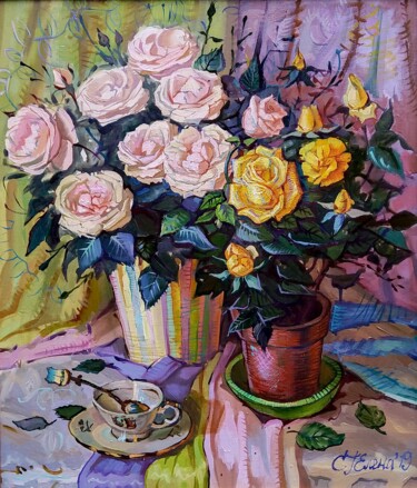 Painting titled "Pink roses on a gre…" by Olena Horbel, Original Artwork, Oil