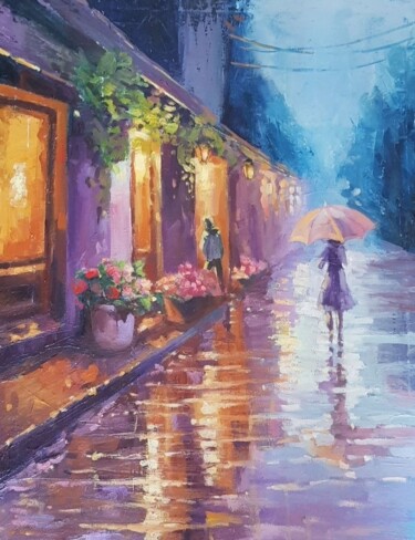 Painting titled "В дождливый вечер" by Anastasia Kurbatova, Original Artwork, Oil