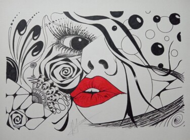Rysunek zatytułowany „Red lips” autorstwa Miguel Marques, Oryginalna praca, Atrament
