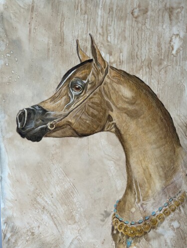 Painting titled "Caballo Árabe" by Antonio Pastor, Original Artwork, Oil Mounted on Wood Stretcher frame