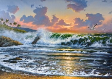 Painting titled "Tropical beach" by Ihor Panteleiev, Original Artwork, Oil Mounted on Wood Stretcher frame