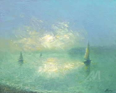 Peinture intitulée "Foggy river" par Dmitry Oleyn, Œuvre d'art originale, Huile Monté sur Châssis en bois