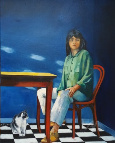 Ζωγραφική με τίτλο "Série Bleue "Alicia…" από Marie Andrée Hembert, Αυθεντικά έργα τέχνης, Λάδι Τοποθετήθηκε στο Ξύλινο φορε…