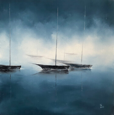 Картина под названием "Yachts on blue" - Volodymyr Nezdiimynoha, Подлинное произведение искусства, Масло Установлен на Дерев…